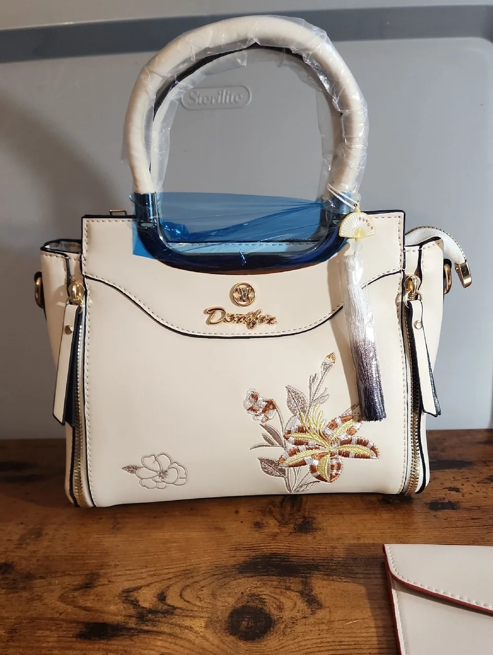 Beige Floral Embroidered 3pcs Set Women's Handbag With Elegant geometric Print,